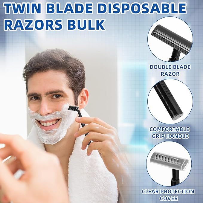 Hanaive Men's Disposable Razors Bulk Twin Blade Disposable Stainless Steel Hospitality Quality Shaver Multipurpose Portable Shave Razor Manual for Bathing Hotel Travel (Black White Blue, 100 Pcs)