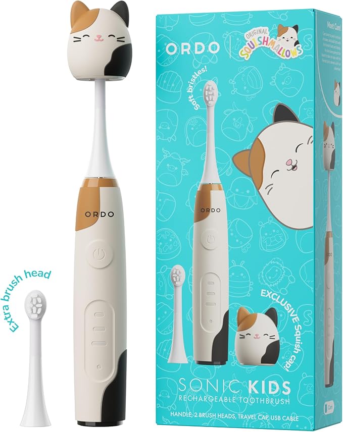 ORDO Squishmallows Electric Toothbrush, Sonic Toothbrushes for Kids, Rechargeable, 3 Brushing Modes, Over 5 Weeks Battery Life Extra Brush Head Included, Gift for Kids Aged 4 Years and Up, Cam