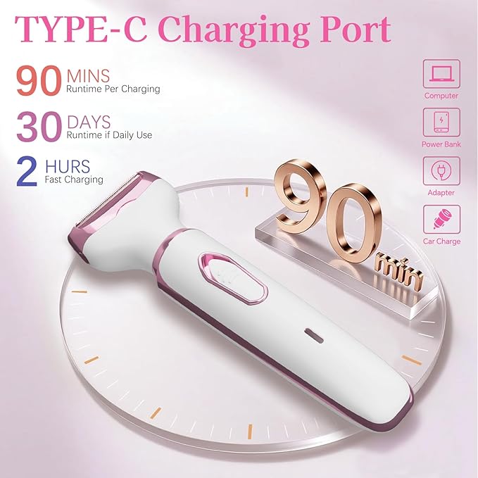 Women's Electric Shaver 4-in-1 - Waterproof Painless Hair Remover for Bikini, Face & Body, Cordless Wet/Dry Trimmer with Nose & Eyebrow Heads, Fast USB-C Charging, Gift for Women