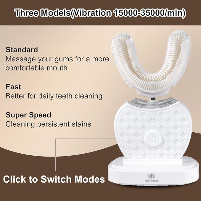U-Shaped Ultrasonic Toothbrush for Teeth Whitening, Automatic Electric Toothbrush for Adults 360-degree Cleaning IPX7 Waterproof Kit for Travel or Home(White)