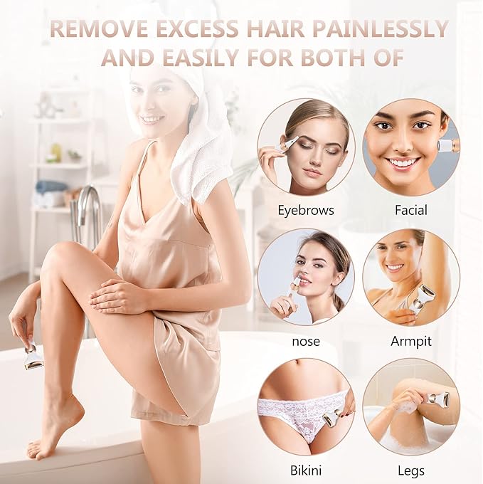 Electric Razor for Women Bikini Trimmer, MKIOVH Women's Cordless Portable 4 in 1 Painless Shaver, for face Legs Brows Nose Detachable Head USB Rechargeable Hair Trimmer