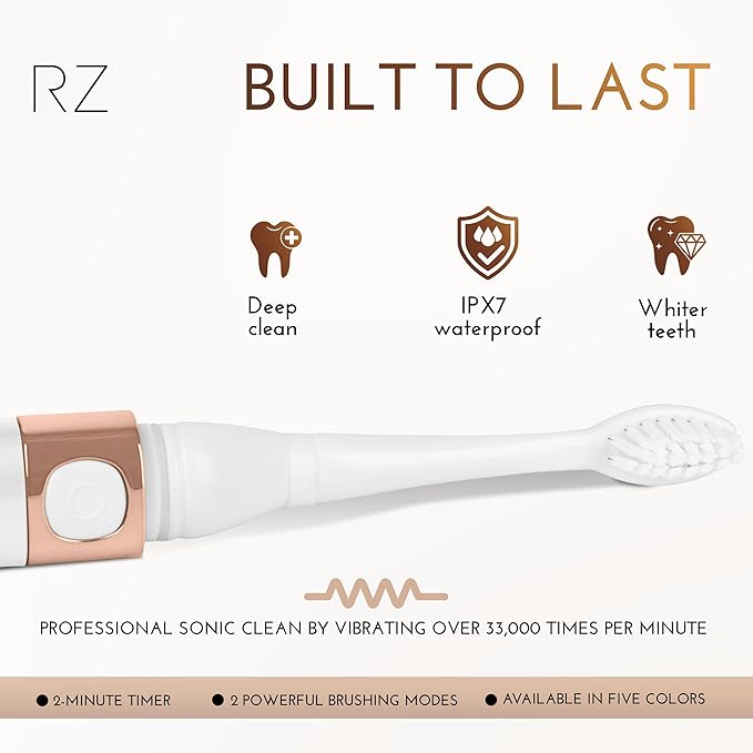 Rachel Zoe Portable Electric Toothbrush for Adults, Battery Operated Compact Sonic Tooth Brush for Trips, Waterproof Travel Toothbrush with Cover, 2 Removable Brush Heads Included, Pink/Rose/Gold