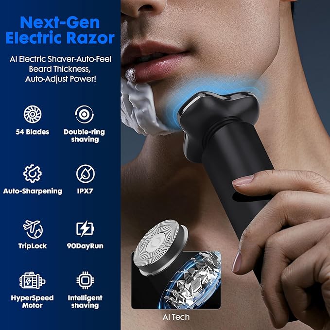 Black Electric Razor for Men with 3-Blade Rotary System, Touch Switch, LED Display, Travel Lock