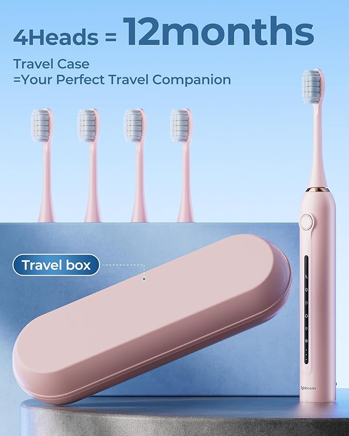 Pink Electric Toothbrushes, with 4 Brush Heads, 1 Travel Toothbrush Case, for Adults and Kid Electric Toothbrush, Long 180-Day Battery Life, 6 Modes, IPX7 Waterproof, Smart 2-Minute Timer.