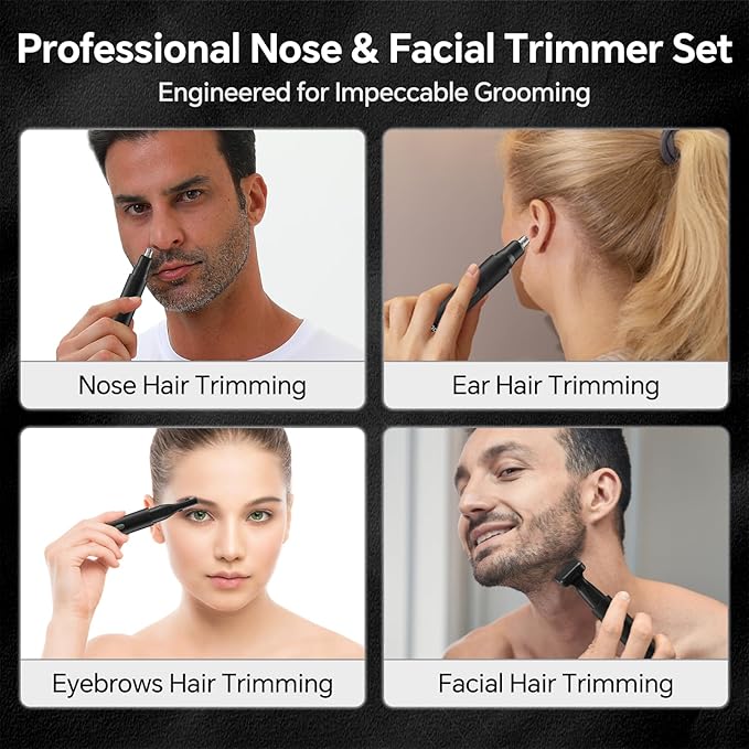 RUIM Nose Hair Trimmer for Men & Women - 3-in-1 Electric Ear & Eyebrow Trimmer, USB Rechargeable Facial Groomer with LED Light, Painless Nose and Ear Hair Remover, Dual Edge Blades