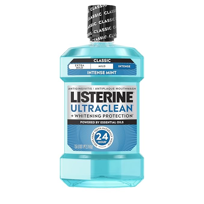 Listerine Ultraclean Intense Antiseptic Mouthwash + Whitening Protection*, Everfresh Technology to Help Fight Bad Breath, Gingivitis, & Plaque, Tartar Control Oral Rinse, Intense Mint, 1.5 L