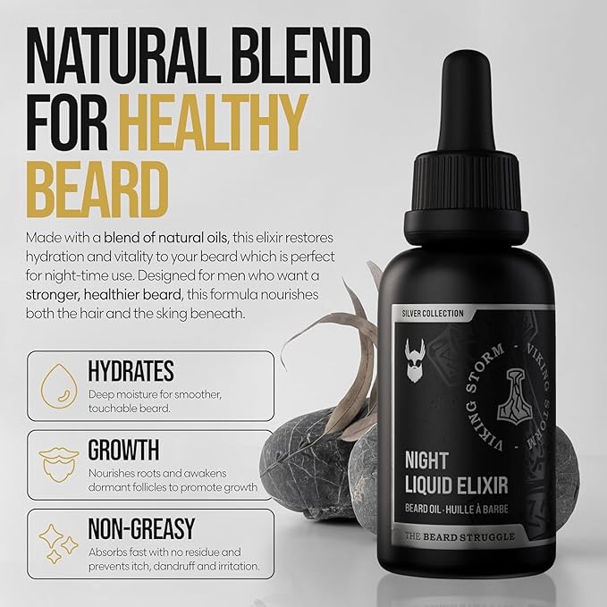 The Beard Struggle - Beard Oil for Men - Natural Blend for Softens, Moisturizing, & Healthier Beard Growth - Viking Storm Night Liquid Silver Elixir - Vegan-Friendly Beard Growth Oil (1 Fl oz)