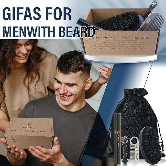 Beard Brush 5-in-1 Set for Men - Natural Boar Bristle Brush & Beard Pen Filler，Stainless Steel Beard Comb/Combing Brush/Ramie Storage Bag - Great for Grooming Beards and Mustaches
