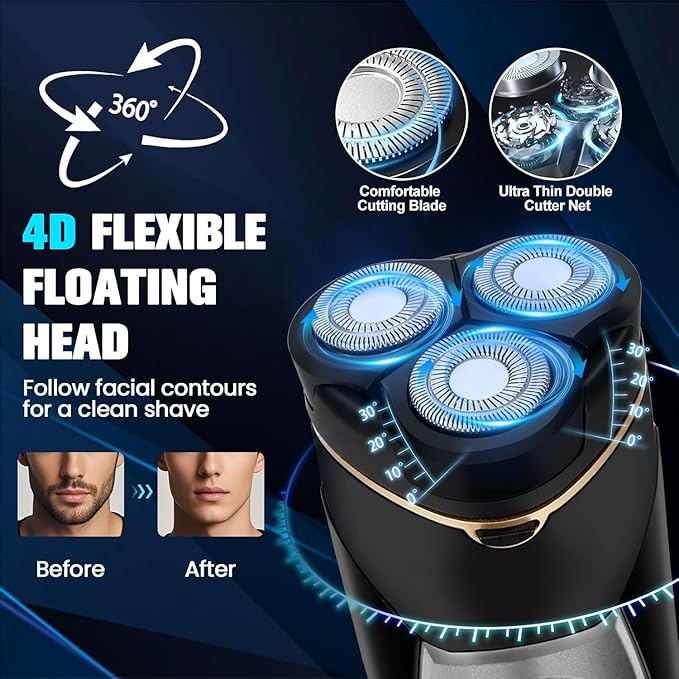 Electric Razor for Men, 3-Blade Cordless Rechargeable Rotary Shaver, IPX7 Waterproof Wet Dry Electric Shaver for Face, Beard Trimmer, Type-C Fast Charging & LED Display, Portable Travel Grooming Kit