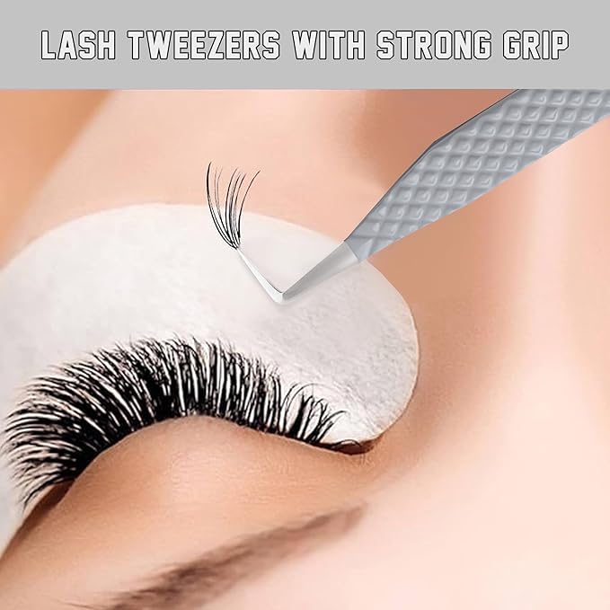 Lash Tweezers - Stainless Steel Fiber Tip Eyelash Tweezers (Set of 4) - Diamond Grip Professional Lash Tweezers for Eyelash Extensions (Grey)