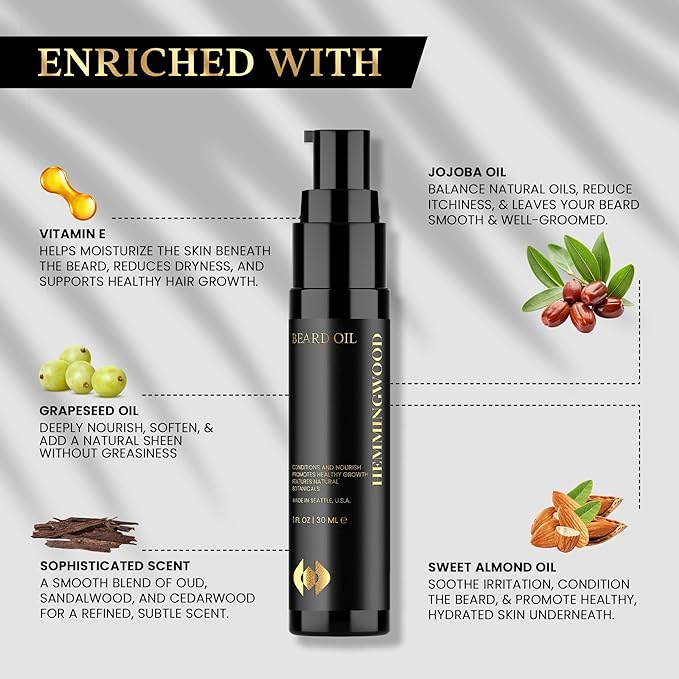 Beard Oil for Men – Oud, Sandalwood & Cedarwood Scent – Softens, Nourishes & Reduces Itch – Lightweight, Non-Greasy Formula with Jojoba & Argan Oil – Made in USA, 1 fl oz