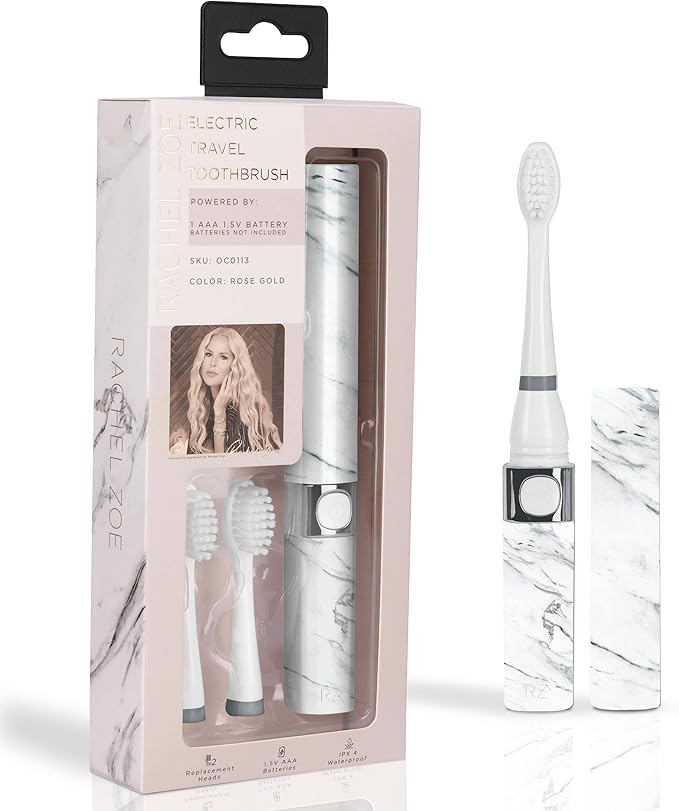 Rachel Zoe Portable Electric Toothbrush for Adults, Battery Operated Compact Sonic Tooth Brush for Trips, Waterproof Travel Toothbrush with Cover, 2 Removable Brush Heads Included, Gray