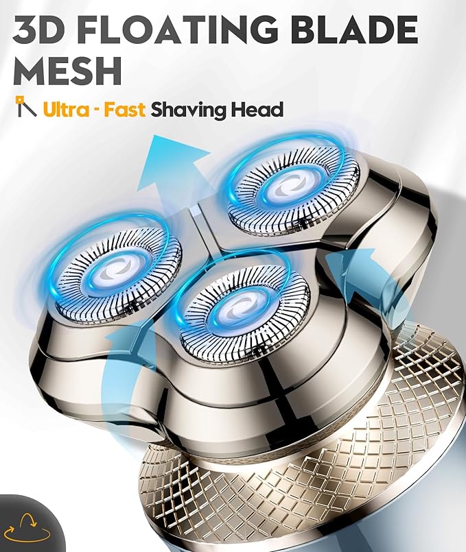 Electric Razor for Men, 3D Floating Blade Shaver with 9000 RPM High Speed, IPX7 Waterproof, 60-Day Battery Life, Compact Portable Wet/Dry Electric Shaver
