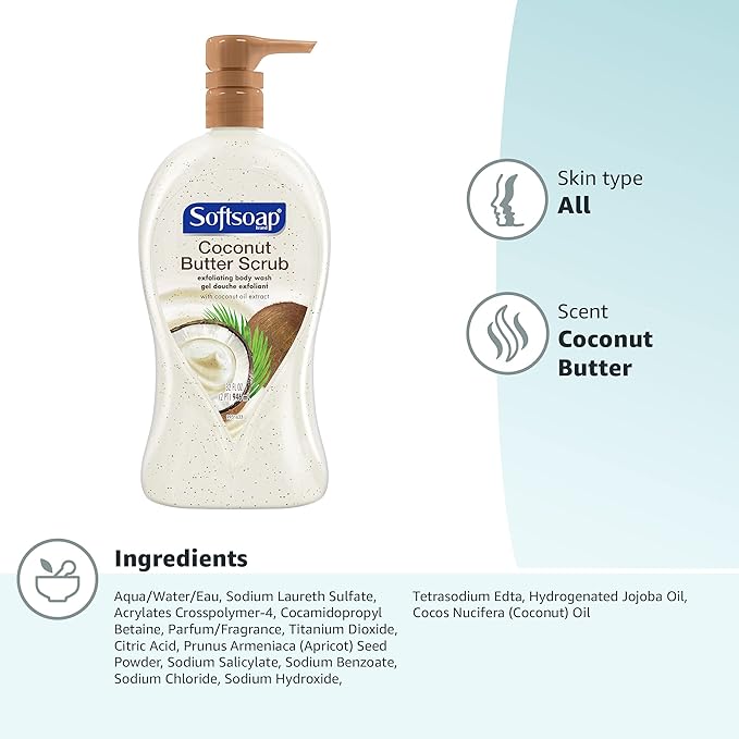 Softsoap Body Wash Pump, Coconut Butter Scrub, Exfoliating Body Wash, 32 Ounce, WHITE (Package May Vary)(Pack of 2)