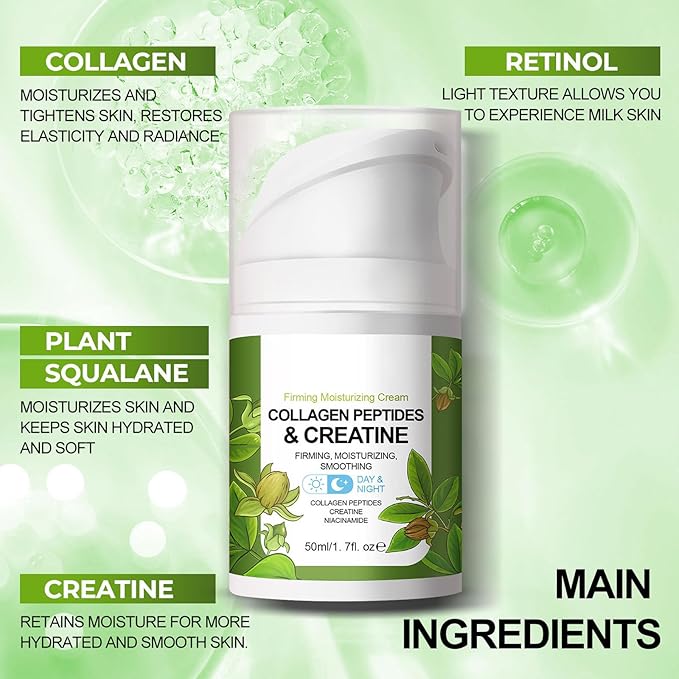 Collagen Peptide Complex Moisture Cream with Retinol,Creatine and Plant Squalane - Skin Tightening Firming - Anti Aging Face Wrinkle Cream, Day & Night Moisturizing Facial Cream -1.7oz