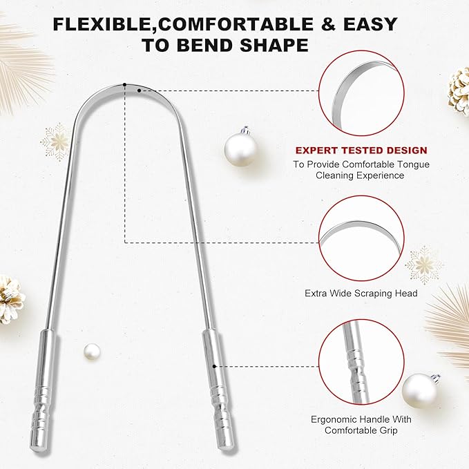 Tongue Scraper for Adults with Multicolor Travel Cases (2 Pack), Stocking Stuffers for Women Men White Elephant Gifts for Who Have Everything, 100% Stainless Steel Tongue Scrubber Tongue Cleaner