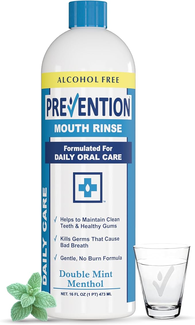 Prevention Daily Care Alcohol-Free Mouthwash, Hydrogen Peroxide Teeth Whitening with Soothing Double Mint for Bad Breath Treatment, Fluoride-Free Gum Care Oral Mouth Rinse 16 oz 1 Pack