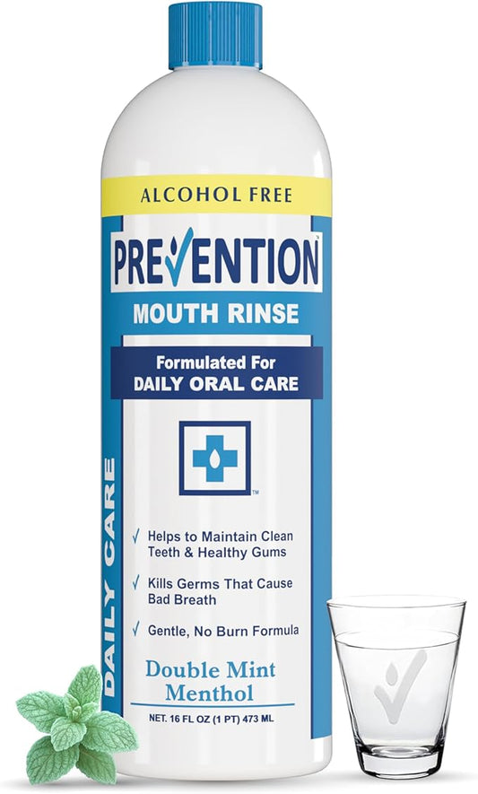 Prevention Daily Care Alcohol-Free Mouthwash, Hydrogen Peroxide Teeth Whitening with Soothing Double Mint for Bad Breath Treatment, Fluoride-Free Gum Care Oral Mouth Rinse 16 oz 1 Pack