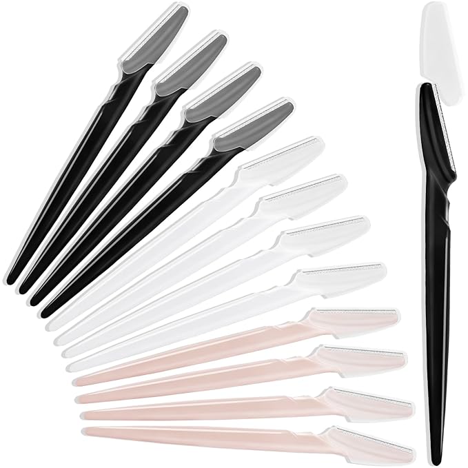 12 Pcs Eyebrow Razors, Face Razors Multipurpose, Exfoliating Dermaplaning Tools, Eyebrow Trimmers Shaver with Protective Cover, Facial Hair Removal for Women Men Body Use, Black, White, Light Pink