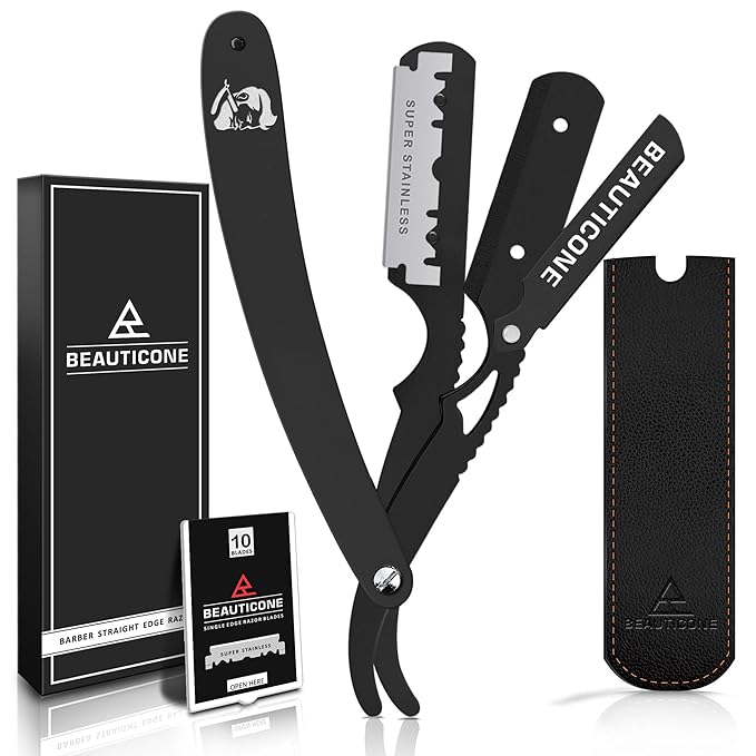 BEAUTICONE Straight Razors for Men, Professional Barber Razors, Premium Straight Edge Razor, Shaving Knife, Shavette, Stainless Steel, Wooden Handle, With PU Leather Case