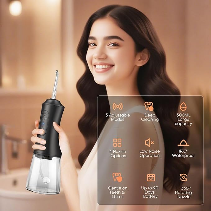 Water Flosser, Water Dental Flosser Pick for Teeth, 300ML IPX7 Waterproof Oral Irrigator, 3 Modes 4 Replaceable Jet Tips, Professional Flossing Cleaning Picks for Home Travel Gums, Braces Care