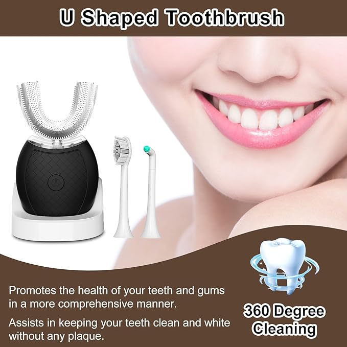 Electric Toothbrush for Adults and Nylon U-Shaped Brush Head Replacement Compatible with U-Shaped ToothbrushU Shaped Automatic Toothbrush for 360-degree Cleaning, 3 Modes for Whitening, Wire