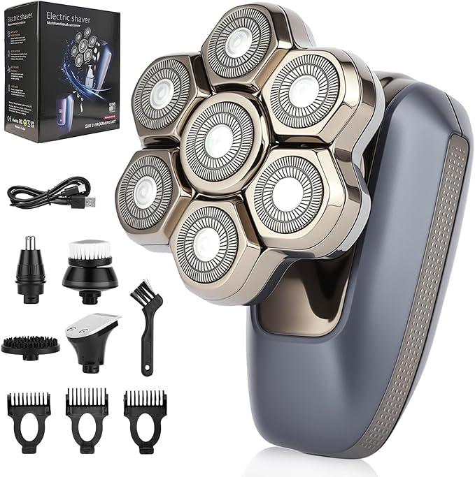 Head Shaver for Bald Men, 7D Electric Rotary Razor 5-in-1 Grooming Kit with Nose Hair Trimmer, Sideburn Clipper & Facial Brush, USB Rechargeable Wet & Dry IPX6 Waterproof Shaver with LED Display