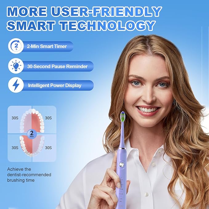 JTF Sonic Electric Toothbrush for Adults: 5 Modes with Smart Timer for Deep Cleaning & Whitening, 2 Brush Head Types for Sensitive Teeth, Gums & Braces, Travel-Friendly Case and Wireless Charging Base