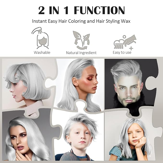 Silver White Temporary Hair Color Wax, Instant Natural Hairstyle Cream Dye, Washable Styling Pomadesfor Men Girls Women Youth, Disposable Coloring Mud for Party Cosplay DIY Halloween