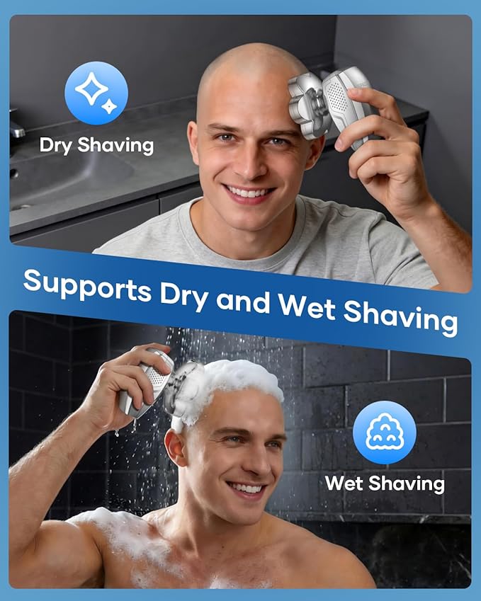 7D Head Shavers for Bald Men, 5-in-1 Magnetic Detachable Head Shaver, IPX7 Waterproof Electric Razor for Wet/Dry Use, Shaving Grooming Kit for Balder, LED Display, Type-C Charge, Silver White