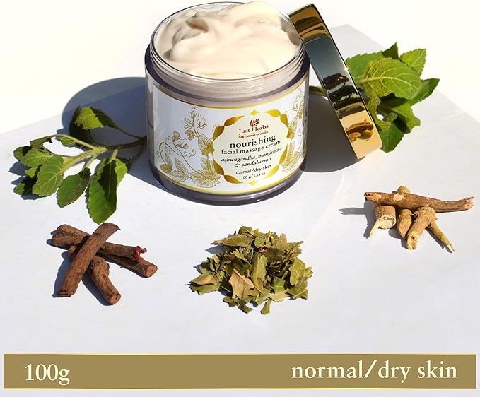 Just Herbs Organic Herbal Nourishing Facial Massage Cream With Ashwgandha & Sandalwaood for Men & Women - Suitable for Normal to Dry Skin, 100g