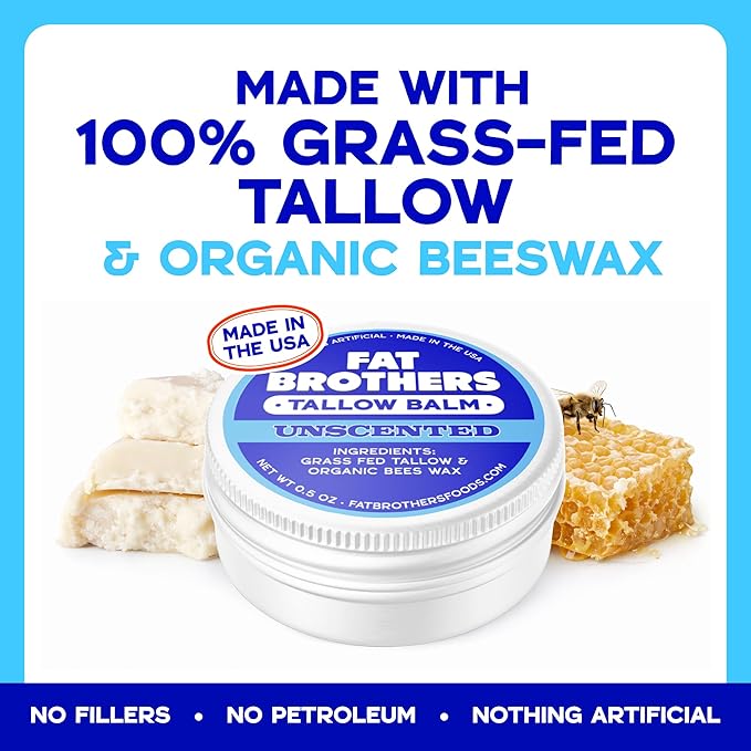 Tallow Balm – 2-Ingredient (Beef Tallow + Organic Beeswax), Unscented, .5 oz Metal Tin (3X Larger Than Standard Tubes), Pure, Petroleum-Free, Ultra-Moisturizing - 4 pack