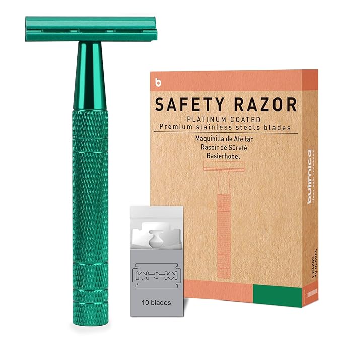 Double Edge Safety Razor, Single Blade Razors for Men and Women, Reusable Metal Razor with 10 Stainless Steel Double Edge Blades, Smooth and Close Wet Shaving, Plastic Free, Green