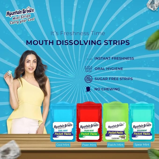 Mountain Breeze Oral Hygiene Mouth Freshener Sugar Free Spearmint Flavoured Breath Strips(24 Strips Each Cassatte)-Pack Of 1(3 Cassette), 50 Grams
