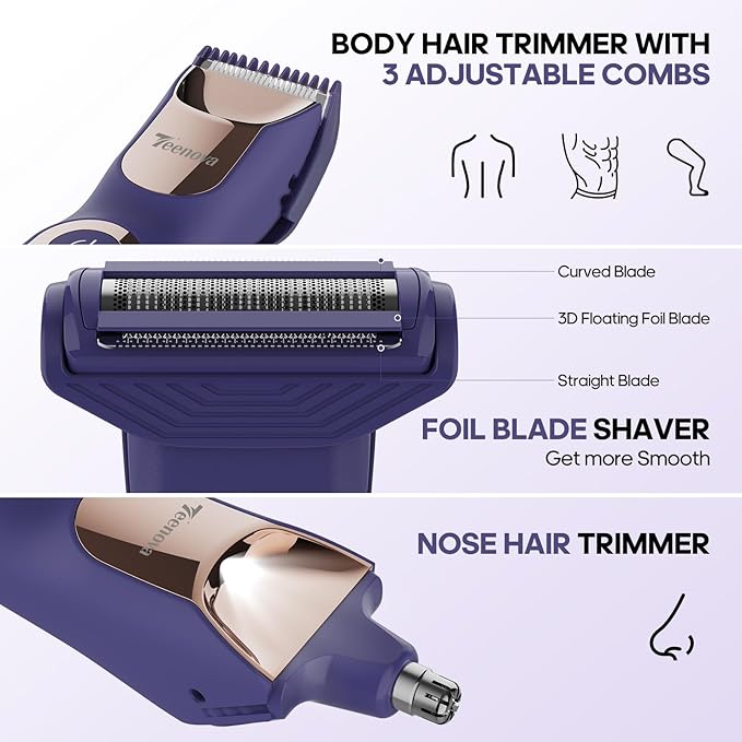 Electric Body Hair Trimmer Shaver - 3 in 1 Pubic Trimmer for Men - Bikini Trimmer for Women - No Nick Groin Ball Razor with Ceramic Blade Head, Wireless Dock Charging (Purple)