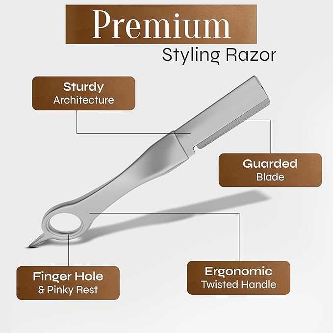 Facón Beard Razor for Men - Professional Beard Shaping Tool Grooming Kit with 11 Replacement Blades, Mustache Shaper, Edger & Lineup, Premium Precision Straight Edge Razor 100% Stainless Steel Blade