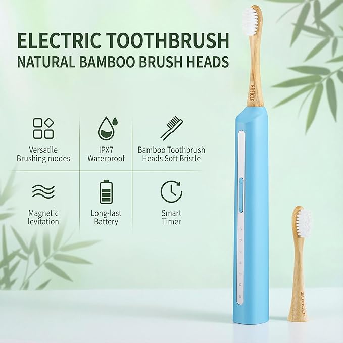 Bamboo Electric Toothbrush丨Rechargeable Electric Toothbrush with 4 Bamboo Heads, Soft Castor Oil Bristles,5 Moedes&3 Intensities, 45 Days Battery Life, IPX7 Waterproof-Light Blue