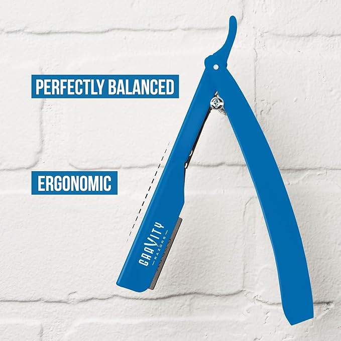 GRAVITY RAZORS Professional Straight Razor Kit – Ultra Exposure, Includes 10 Premium Blades, 2mm Exposed, Blue