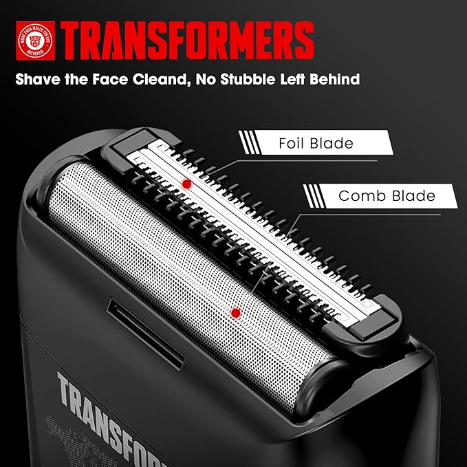 Transformers Electric Foil Shaver for Men, Hasbro Portable Electric Shaver with Dual Floating Blades & LED Display Electric Razor for Men with 2 Gears Adjustable IPX7 Waterproof USB Type C