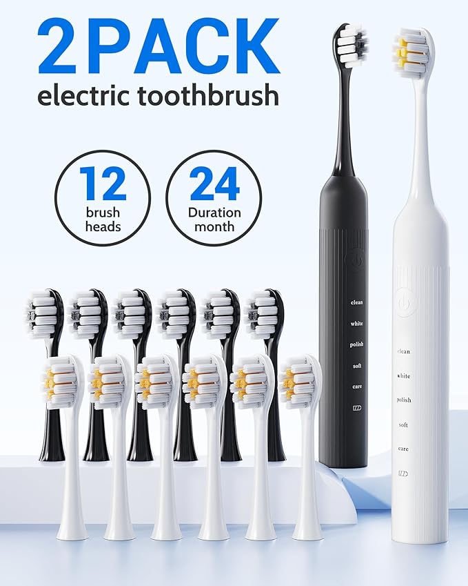 2 Pack Electric Toothbrush for Adults and Kids - Rechargeable Kids Ages 12+ and Adults with 12 Brush Heads & 2 Electric Toothbrush, 90 Days Battery Life - Black and White