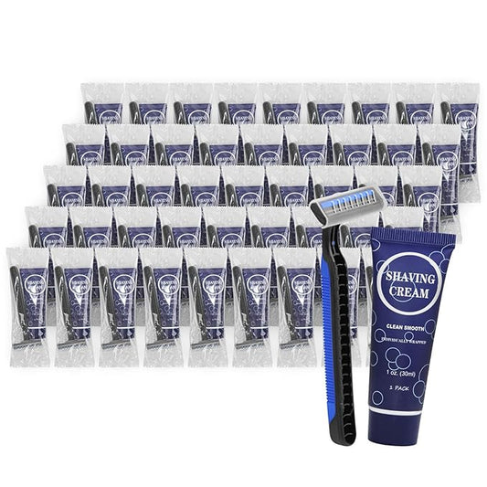 Shaving Razor Set, Disposable Individually Wrapped Manual Twin Blade Razors in Bulk Smooth Shaving Razors with Mini Shaving Cream Toiletries for Hotel Charity Camping Travel Homeless 1oz (Pack of 60)