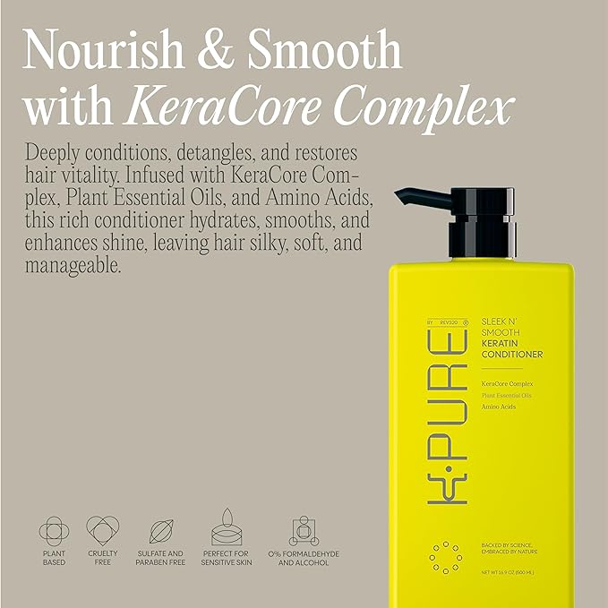 Sleek N' Smooth Keratin Hair Treatment Conditioner K-Pure, KeraCore Technology, Sulfate & Paraben Free, Anti Frizz Conditioner for Strengthening, Smoothing, & Shine, for Color Treated and Damaged Hair