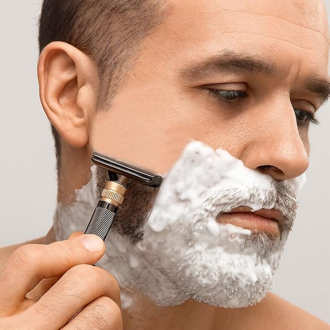 Luxurious and beautifully adjustable safety razor，best razors for men，with 10 platinum-plated razor blades, 1 blade razors reusable smooth close shave (Black + Base)