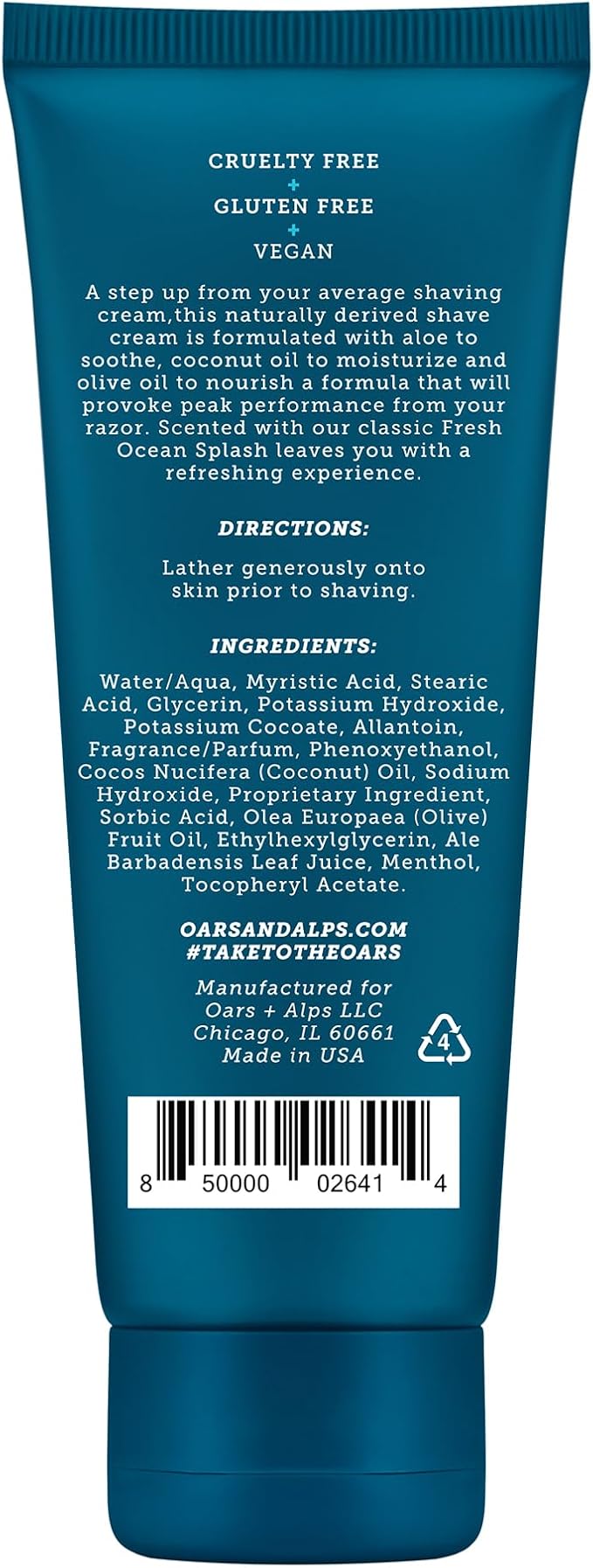 Oars + Alps Soothing Men's Shaving Cream, Dermatologist Tested and Infused with Aloe and Coconut Oil, Fresh Ocean Splash Scent, TSA Friendly, 3.4 Oz, 2 Pack