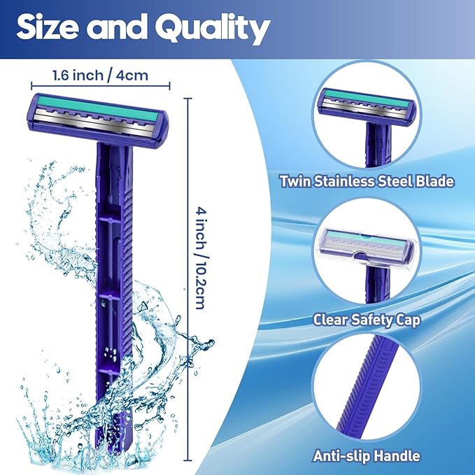 Twin Blade Disposable Razors for Men & Women – Bulk 60 Pack Stainless Steel Shavers with Lubricating Strip, Safety Cap & Non-Slip Handle for Sensitive Skin, Travel, Hotel, Charity – Blue