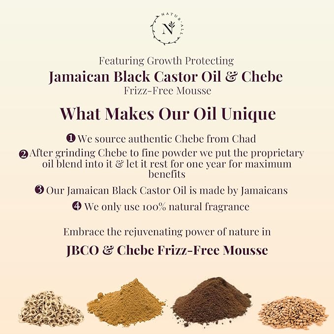 NaturAll Jamaican Black Castor Oil & Chebe Curly Hair Mousse - Sulfate-Free, Lightweight Anti-Frizz Styling Foam for Defined Curls, Long-Lasting Hold & Enhanced Shine (8.5 Oz)