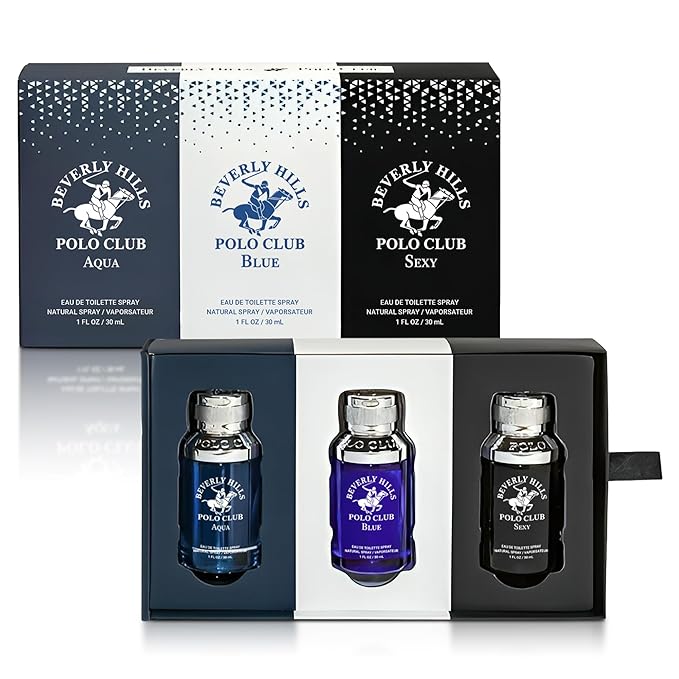 Beverly Hills Polo Club Men’s Eau de Toilette Gift Set – 3 Piece Slider Collection (Aqua, Blue & Sexy) – Long-Lasting EDT Fragrance Trio for Men – Compact Travel-Friendly Bottles – 3 x 1 oz / 30 ml