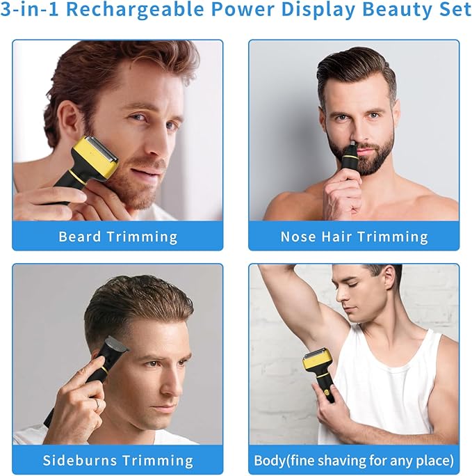 Electric Razor for Men & Women, 3-in-1 Cordless Rechargeable Foil Shaver with LED Display, Waterproof Wet & Dry Painless Body Razor for Face, Nose, and Ear Hair – Travel Friendly (Black)