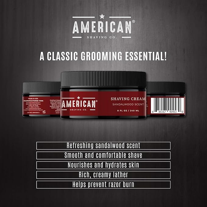 American Shaving Co. Sandalwood Shaving Cream For Men 8 Oz, Made in USA, Easy Application, Quality Potent Ingredients, Long-Lasting, Non-GMO, GMP Certified, Cruelty-Free Products