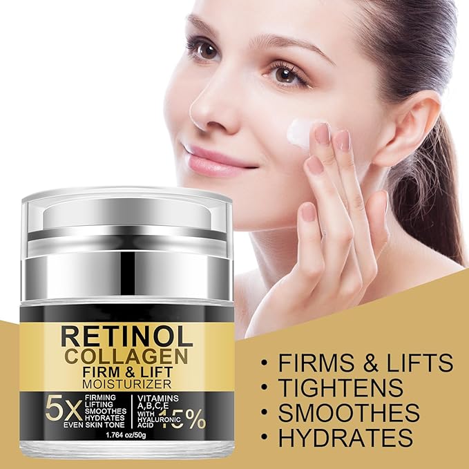 Retinol Collagen Firm & Lift Moisturizer for Face & Neck, Day & Night Anti Aging Facial Cream with Hyaluronic Acid Vitamins A B C E, Tightening Lifting Hydrating Smooth Texture for Women Men, 1.764 oz